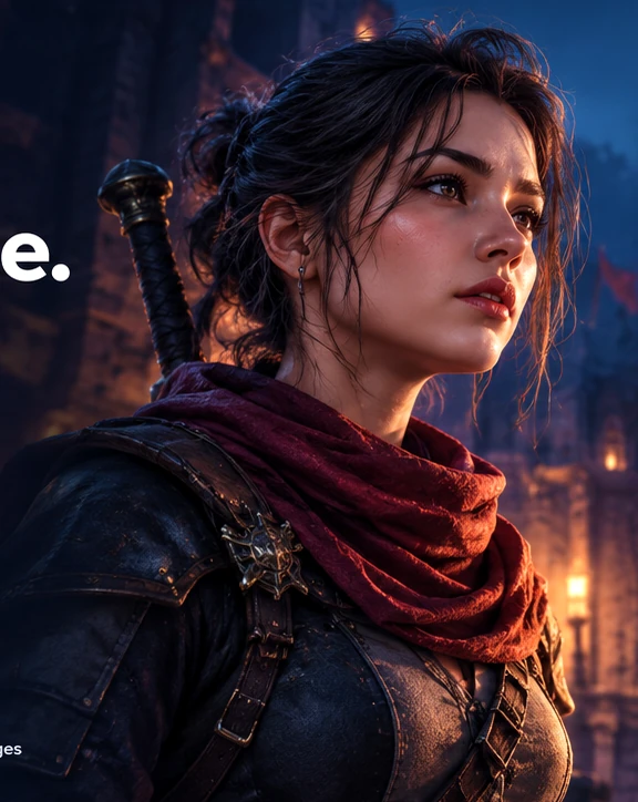 Cinematic fantasy game heroine in a medieval village